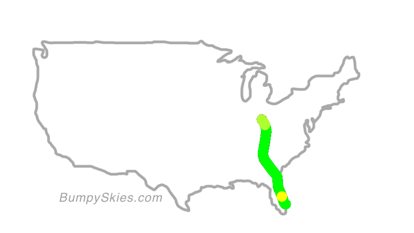Map of continental US with illustrated flight path and turbulence forecast (described in text below)