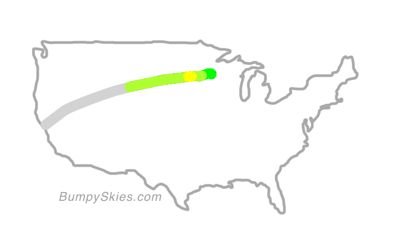 Map of continental US with illustrated flight path and turbulence forecast (described in text below)