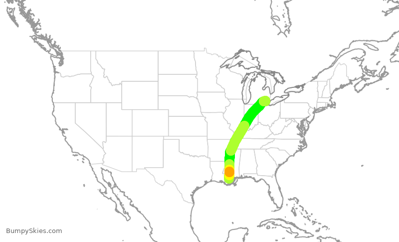 Turbulence forecast map for DAL2790, MSY to DTW