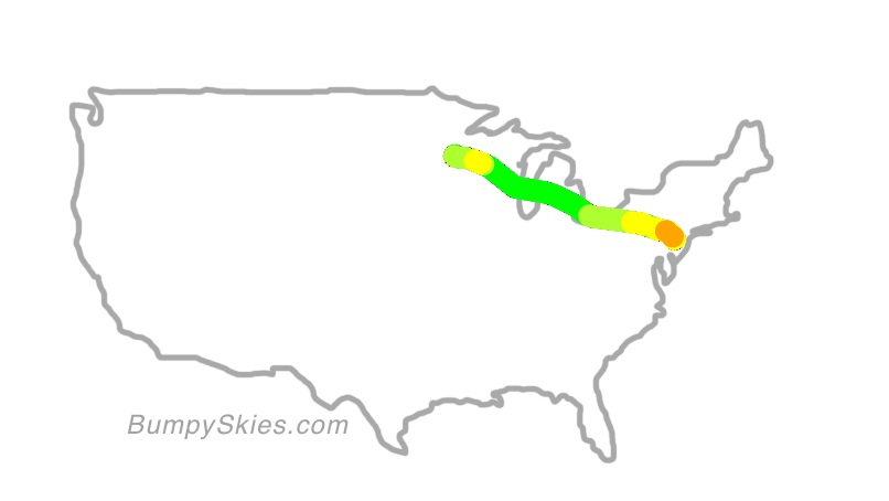 Map of continental US with illustrated flight path and turbulence forecast (described in text below)