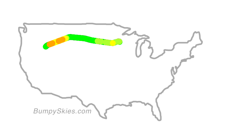 Map of continental US with illustrated flight path and turbulence forecast (described in text below)