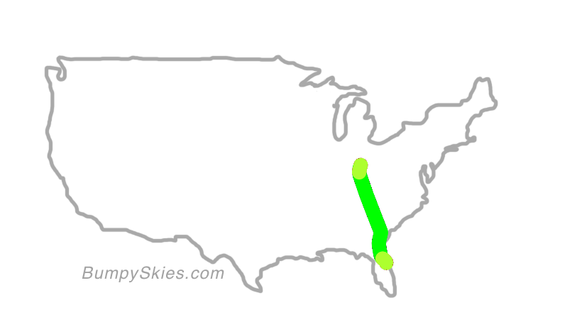 Map of continental US with illustrated flight path and turbulence forecast (described in text below)