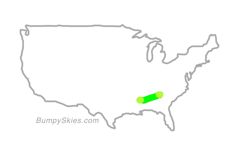 Map of continental US with illustrated flight path and turbulence forecast (described in text below)