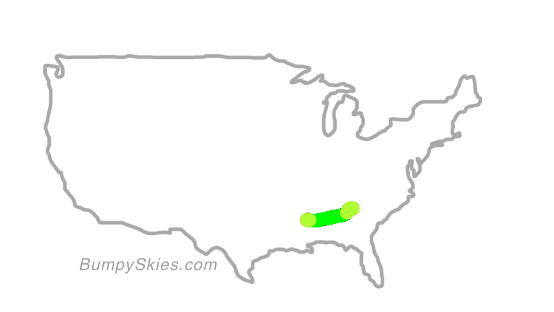 Map of continental US with illustrated flight path and turbulence forecast (described in text below)
