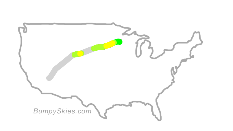 Map of continental US with illustrated flight path and turbulence forecast (described in text below)