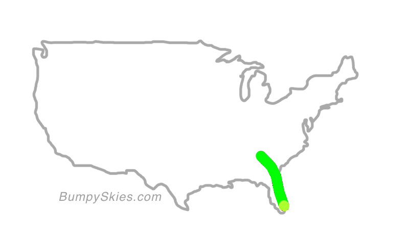 Map of continental US with illustrated flight path and turbulence forecast (described in text below)