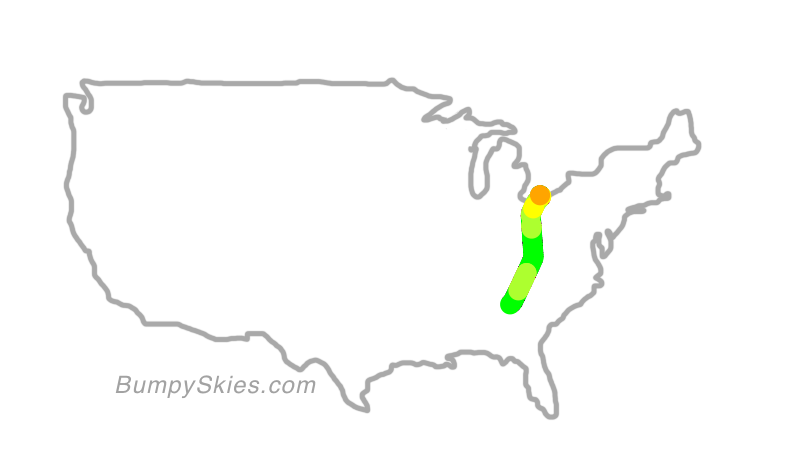 Map of continental US with illustrated flight path and turbulence forecast (described in text below)