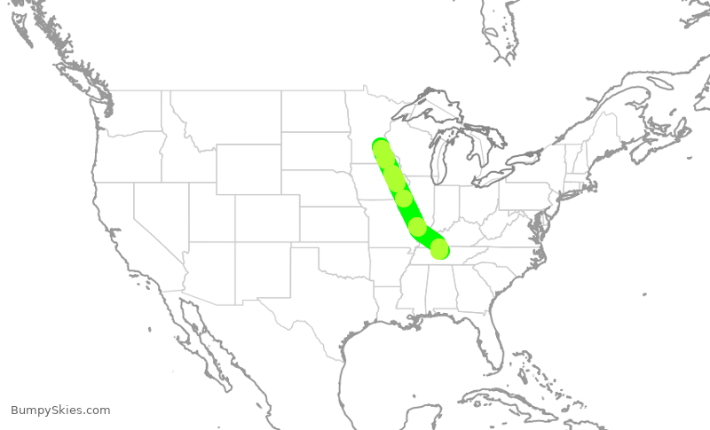 Turbulence forecast map for DAL2843, MSP to BNA