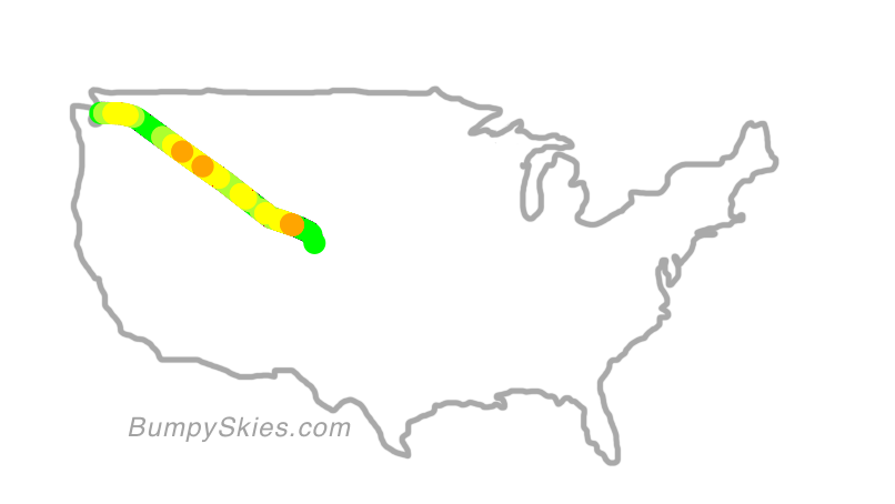 Map of continental US with illustrated flight path and turbulence forecast (described in text below)
