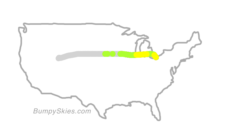 Map of continental US with illustrated flight path and turbulence forecast (described in text below)