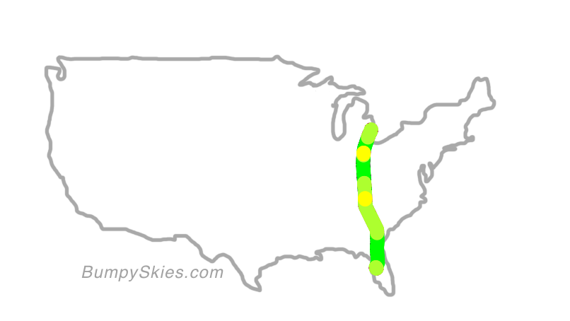 Map of continental US with illustrated flight path and turbulence forecast (described in text below)