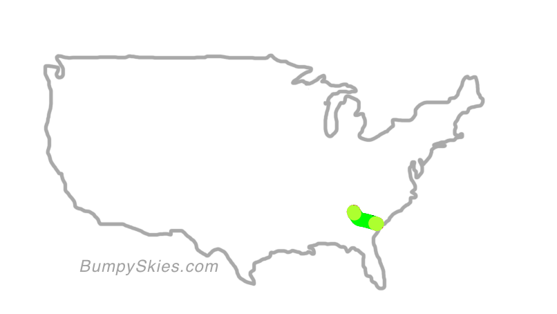 Map of continental US with illustrated flight path and turbulence forecast (described in text below)