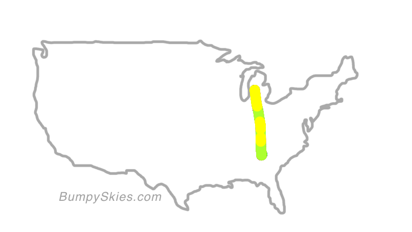 Map of continental US with illustrated flight path and turbulence forecast (described in text below)