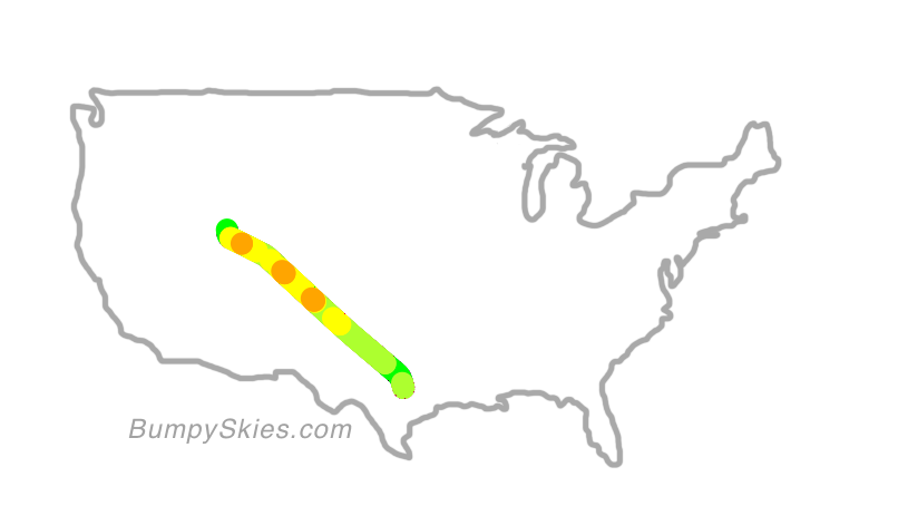 Map of continental US with illustrated flight path and turbulence forecast (described in text below)