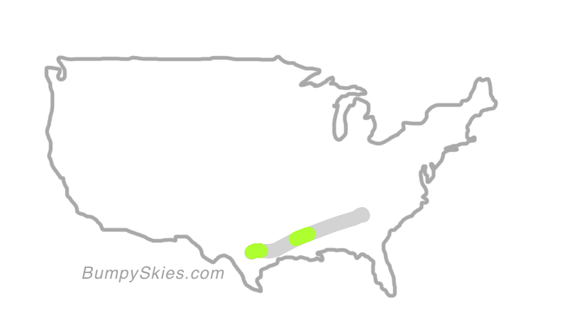 Map of continental US with illustrated flight path and turbulence forecast (described in text below)
