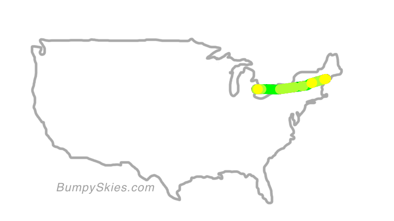 Map of continental US with illustrated flight path and turbulence forecast (described in text below)
