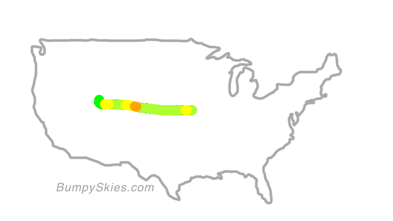 Map of continental US with illustrated flight path and turbulence forecast (described in text below)