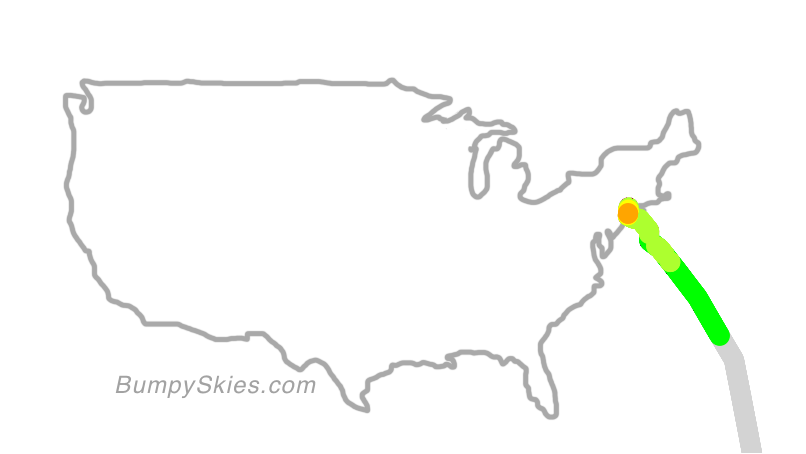 Map of continental US with illustrated flight path and turbulence forecast (described in text below)