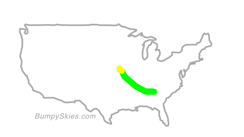 Map of continental US with illustrated flight path and turbulence forecast (described in text below)