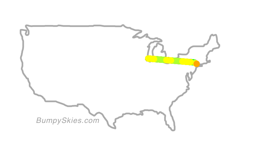 Map of continental US with illustrated flight path and turbulence forecast (described in text below)