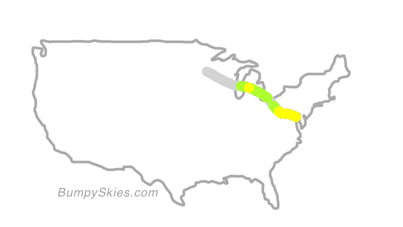 Map of continental US with illustrated flight path and turbulence forecast (described in text below)