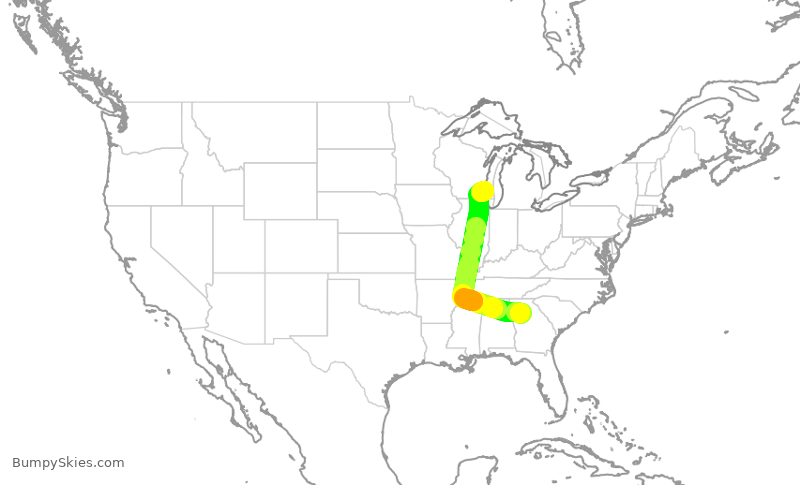 Turbulence forecast map for DAL2999, ATL to MKE