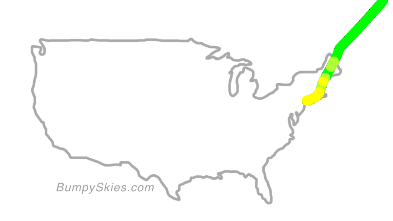 Map of continental US with illustrated flight path and turbulence forecast (described in text below)
