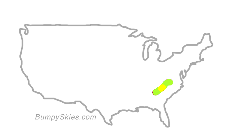 Map of continental US with illustrated flight path and turbulence forecast (described in text below)