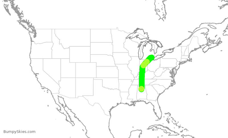 Turbulence forecast map for DAL3006, BHM to DTW