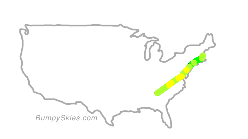 Map of continental US with illustrated flight path and turbulence forecast (described in text below)