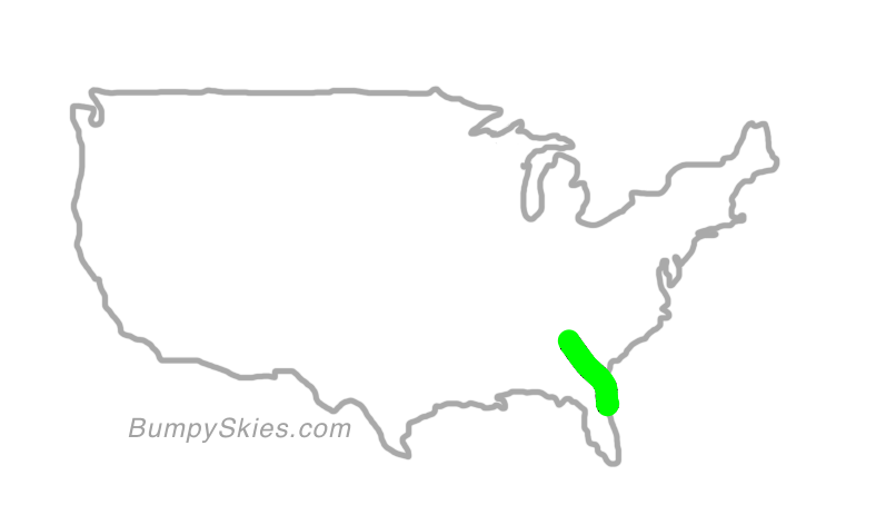 Map of continental US with illustrated flight path and turbulence forecast (described in text below)