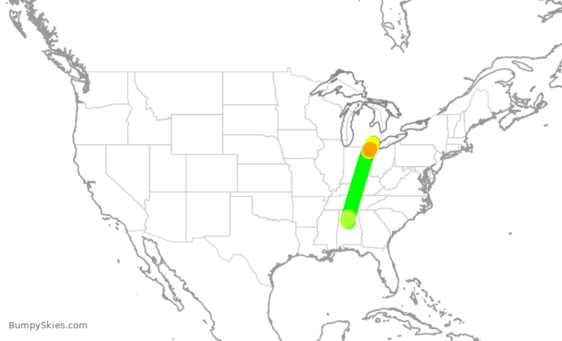 Turbulence forecast map for DAL3062, DTW to BHM