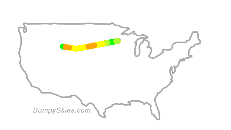 Map of continental US with illustrated flight path and turbulence forecast (described in text below)
