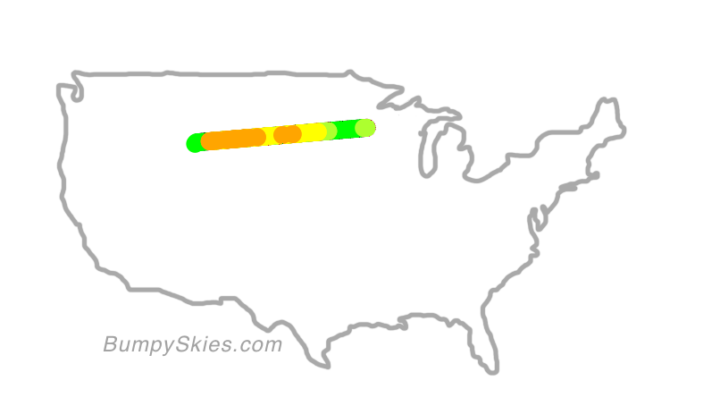 Map of continental US with illustrated flight path and turbulence forecast (described in text below)