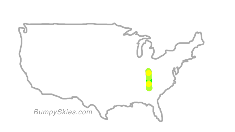 Map of continental US with illustrated flight path and turbulence forecast (described in text below)