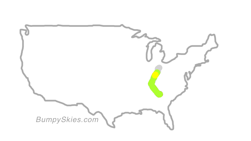 Map of continental US with illustrated flight path and turbulence forecast (described in text below)