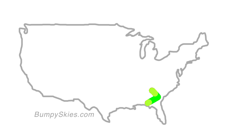 Map of continental US with illustrated flight path and turbulence forecast (described in text below)