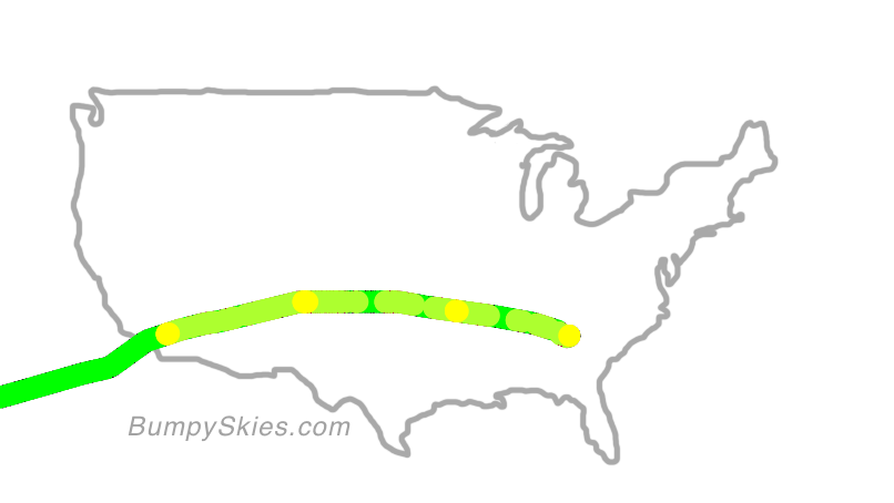 Map of continental US with illustrated flight path and turbulence forecast (described in text below)