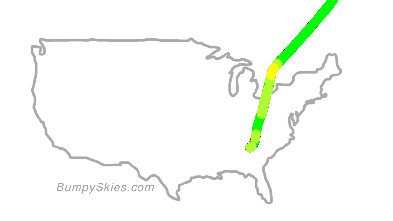 Map of continental US with illustrated flight path and turbulence forecast (described in text below)
