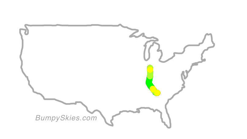 Map of continental US with illustrated flight path and turbulence forecast (described in text below)