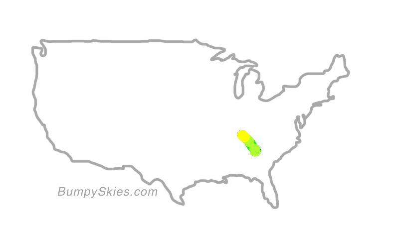 Map of continental US with illustrated flight path and turbulence forecast (described in text below)