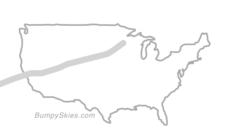 Map of continental US with illustrated flight path and turbulence forecast (described in text below)