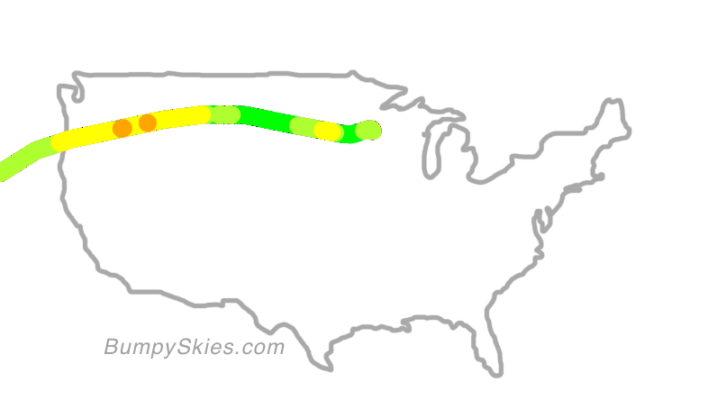 Map of continental US with illustrated flight path and turbulence forecast (described in text below)