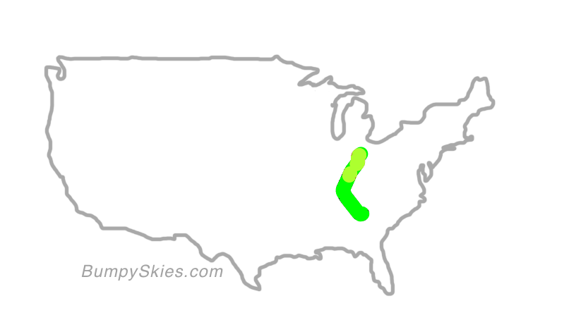 Map of continental US with illustrated flight path and turbulence forecast (described in text below)