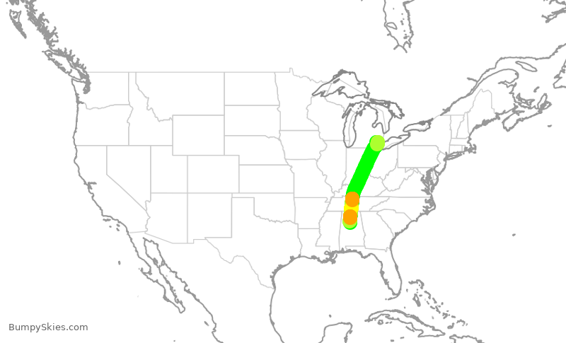 Turbulence forecast map for DAL3145, DTW to BHM