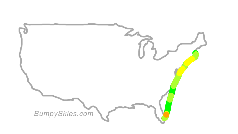 Map of continental US with illustrated flight path and turbulence forecast (described in text below)
