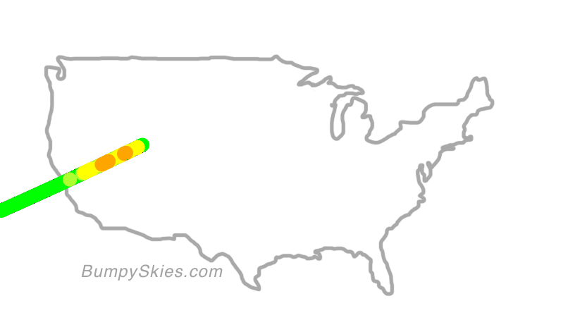Map of continental US with illustrated flight path and turbulence forecast (described in text below)
