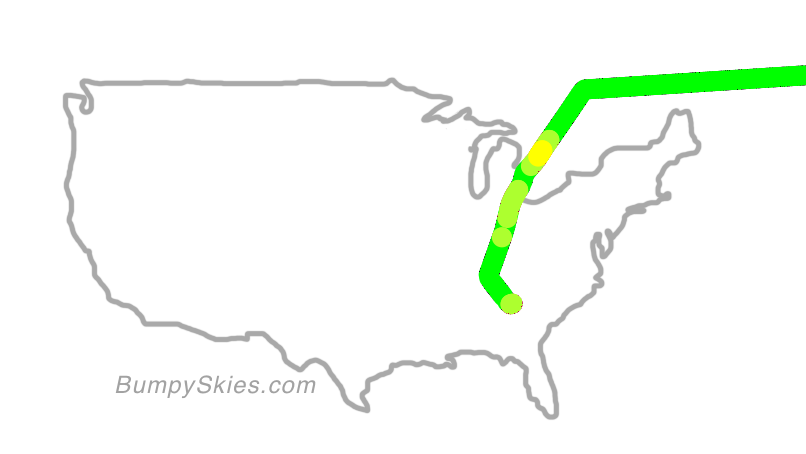 Map of continental US with illustrated flight path and turbulence forecast (described in text below)