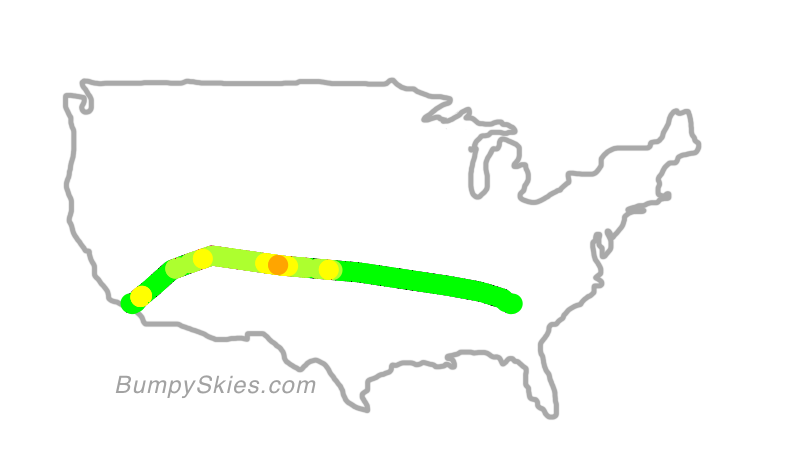Map of continental US with illustrated flight path and turbulence forecast (described in text below)