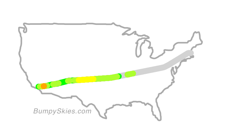 Map of continental US with illustrated flight path and turbulence forecast (described in text below)